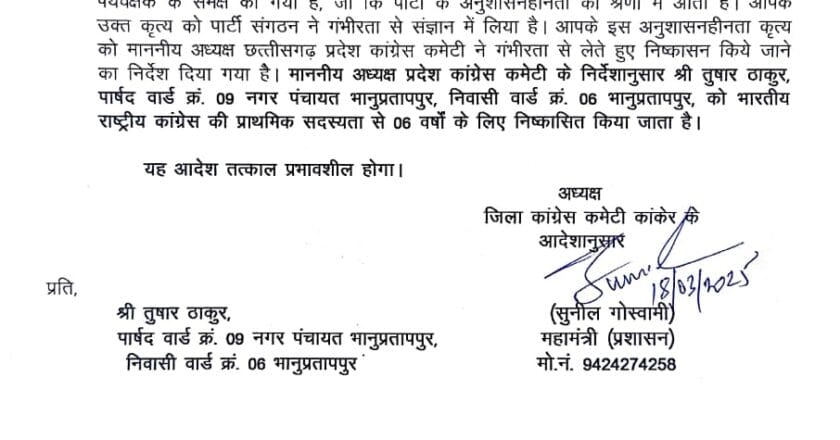 एक्शन मोड में कांग्रेस, नगर पंचायत अध्यक्ष प्रत्याशी और पार्षद को पार्टी से 6 साल के लिए निकाला , अनुशासनहीनता पर कार्यवाही